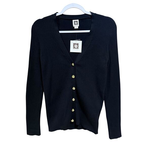 NWT Anne Klein Black Ribbed Long Sleeve Button Up Sweater Top Womens Size Small - Picture 1 of 14